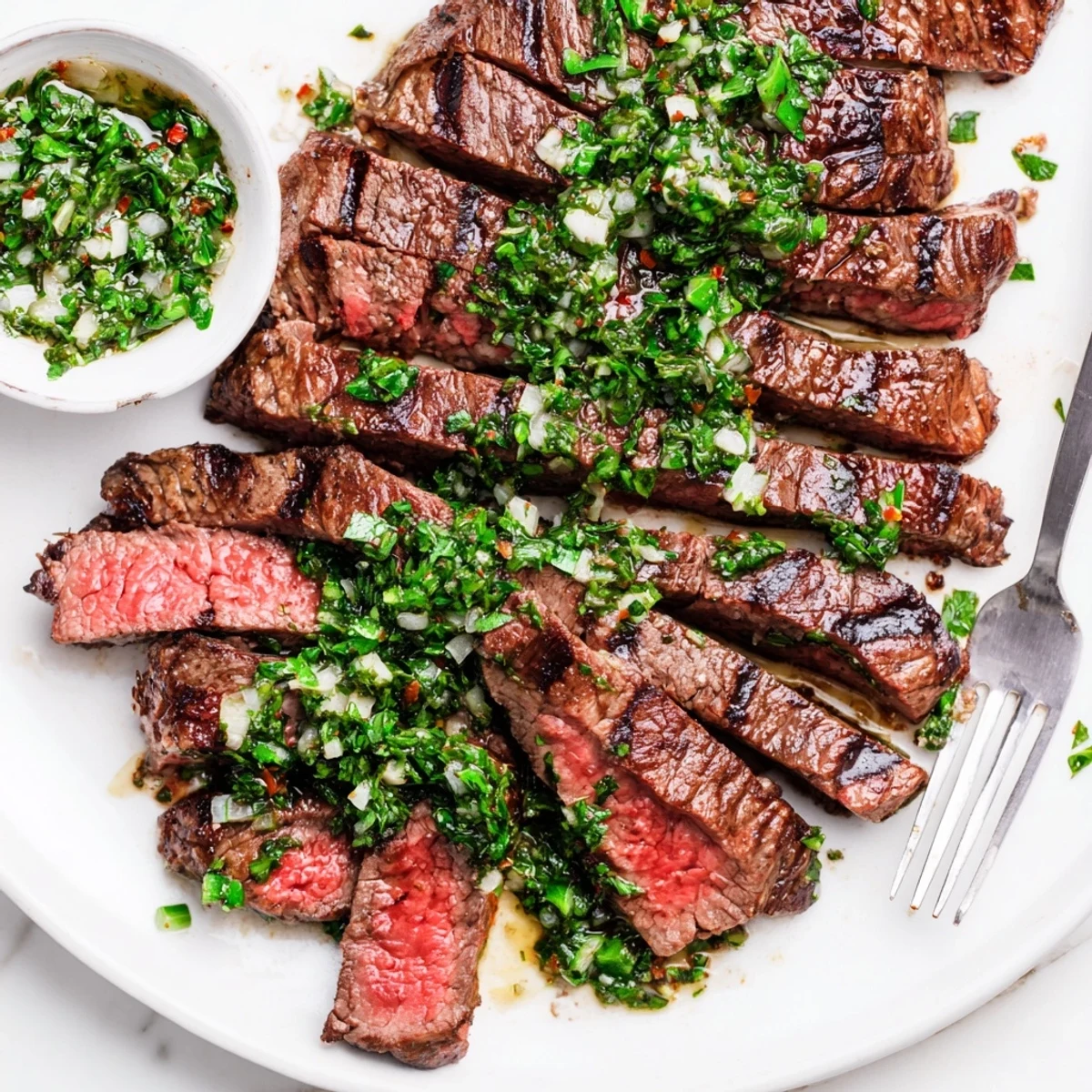 Sizzling Chimichurri Steak Recipe resting on cutting board, parsley flecks glistening