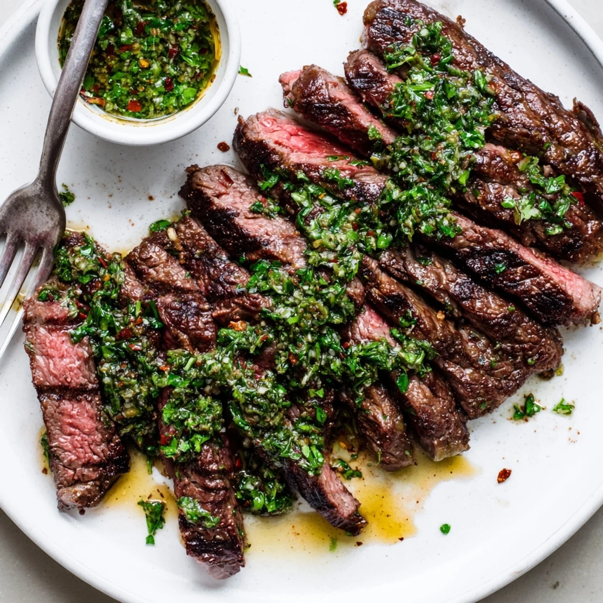 Juicy medium-rare slices, garlicky green topping, plated — Chimichurri Steak Recipe