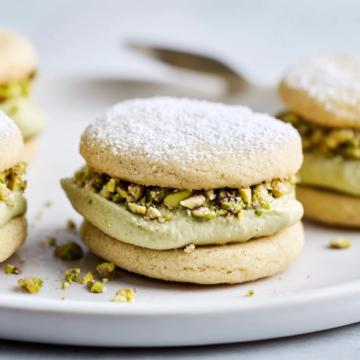 Pistachio Cream Cookies arranged on a plate, buttery centers and chopped pistachios