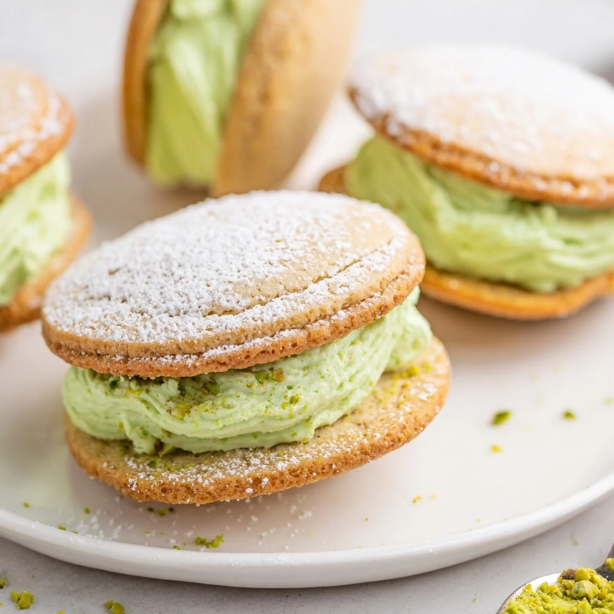 Fresh baked Pistachio Cream Cookies cooling on wire rack, golden edges visible