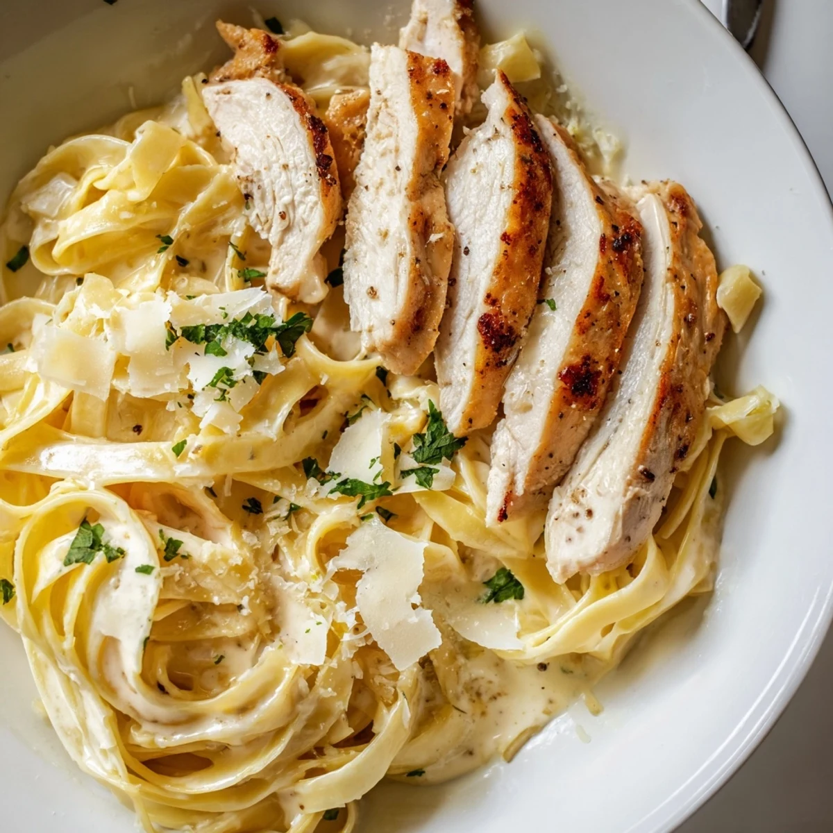 Creamy Garlic Chicken Pasta plated with steaming fettuccine, golden chicken, parsley