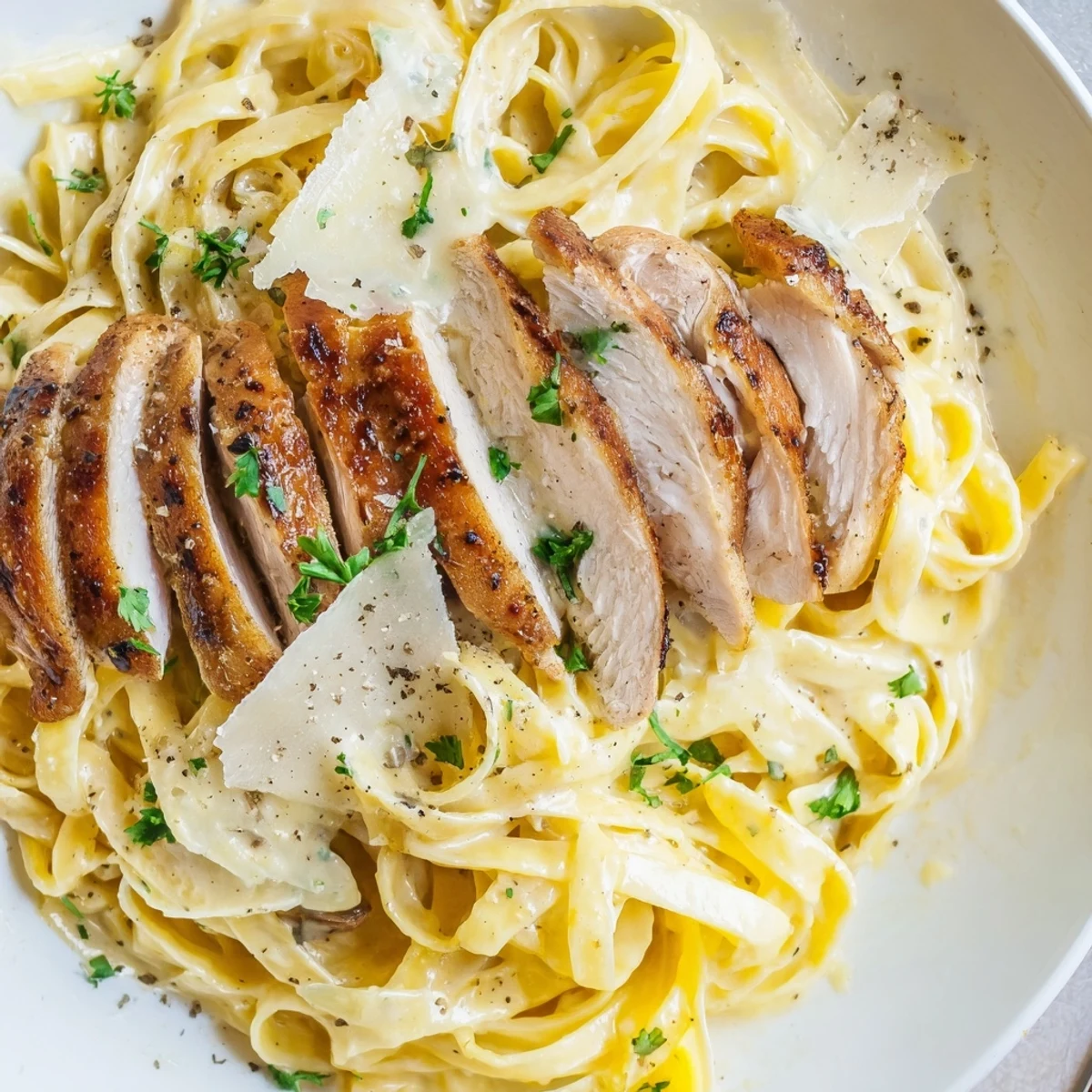 Skillet of Creamy Garlic Chicken Pasta with silky sauce, grated Parmesan