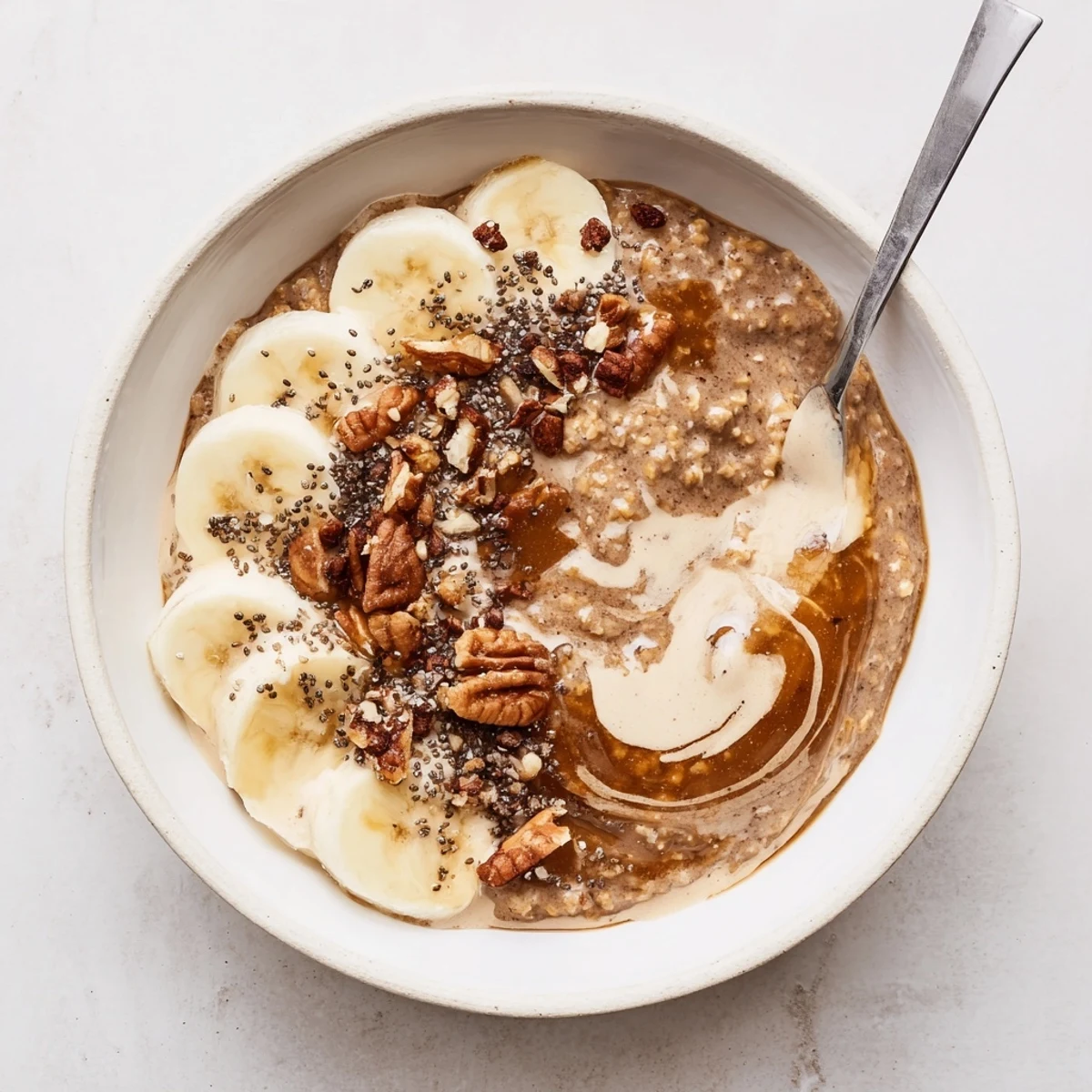Velvety Brown Sugar Coffee Overnight Oats with maple drizzle and toasted walnuts