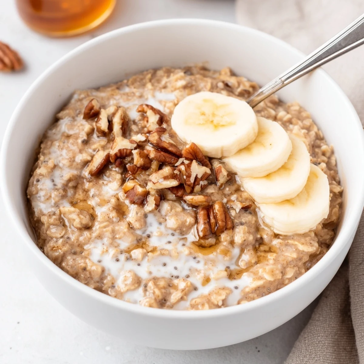 Mason jar Brown Sugar Coffee Overnight Oats chilled, ready for busy weekday breakfasts