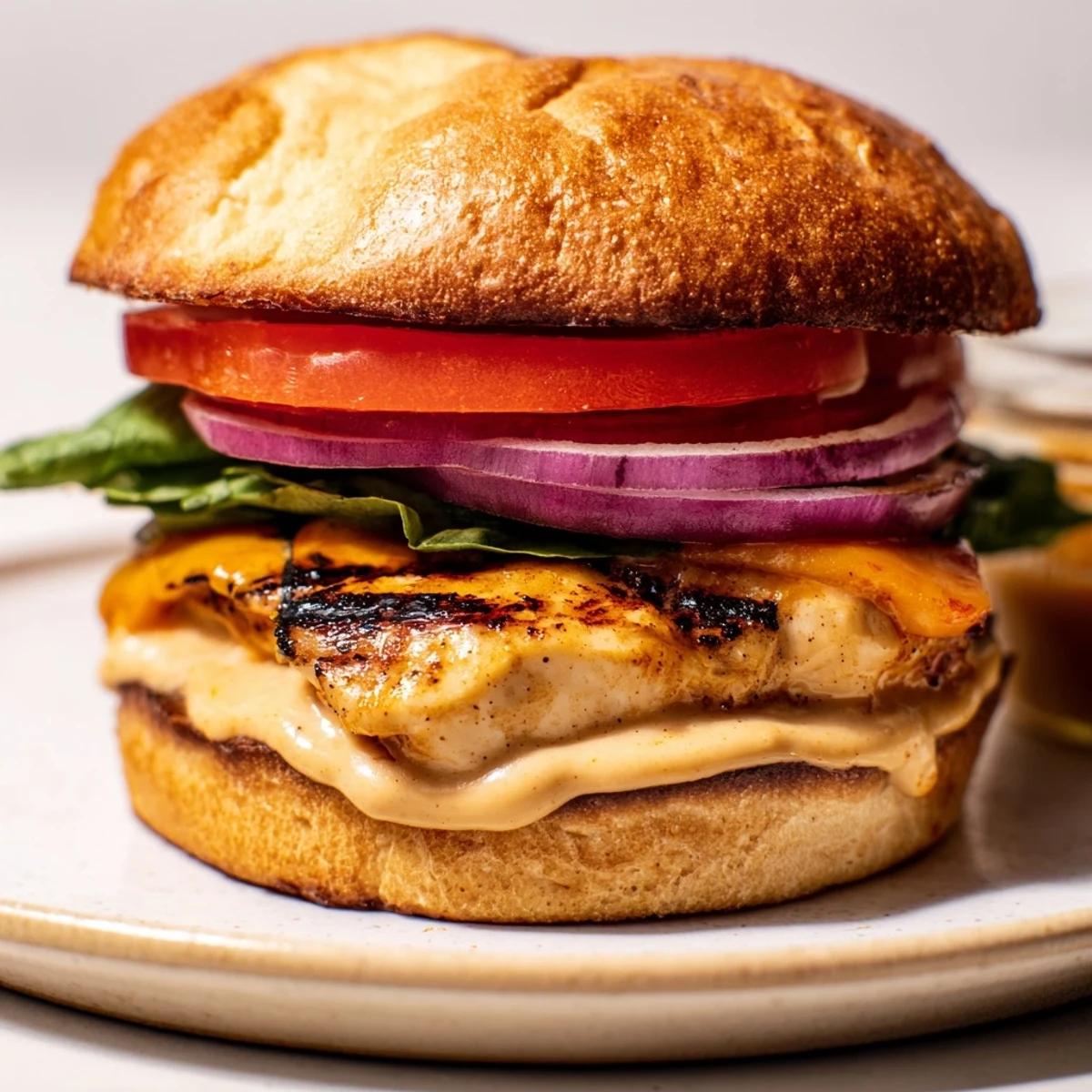 Grilled Spicy Chicken Sandwich With Creamy Sauce on toasted bun, juicy layers.  