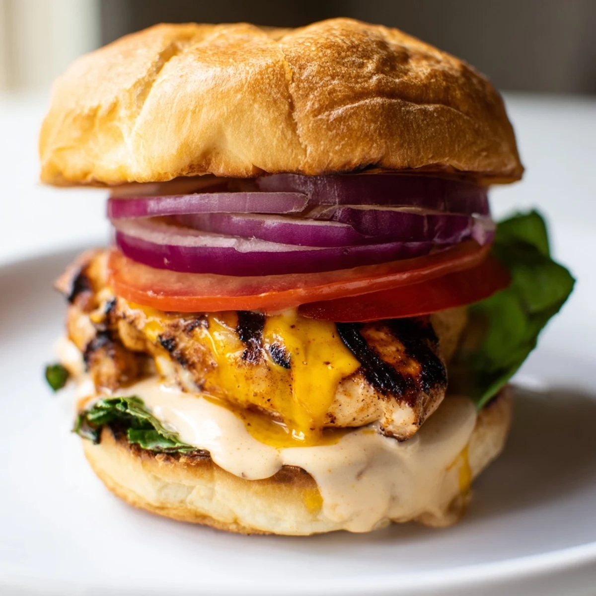Handheld Spicy Chicken Sandwich With Creamy Sauce, crisp lettuce and tomato.  