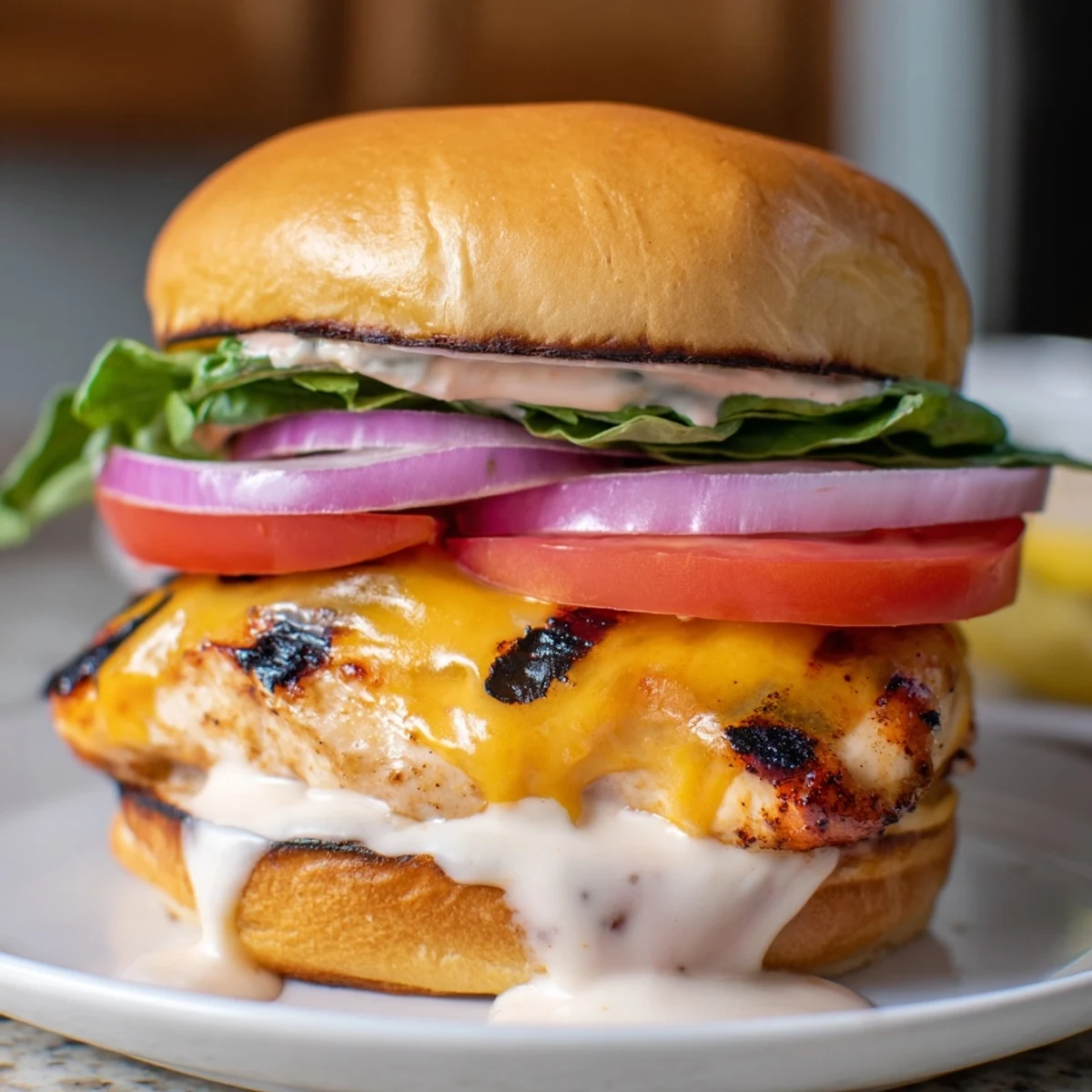 Stacked Spicy Chicken Sandwich With Creamy Sauce, smoky paprika kick, served with fries.