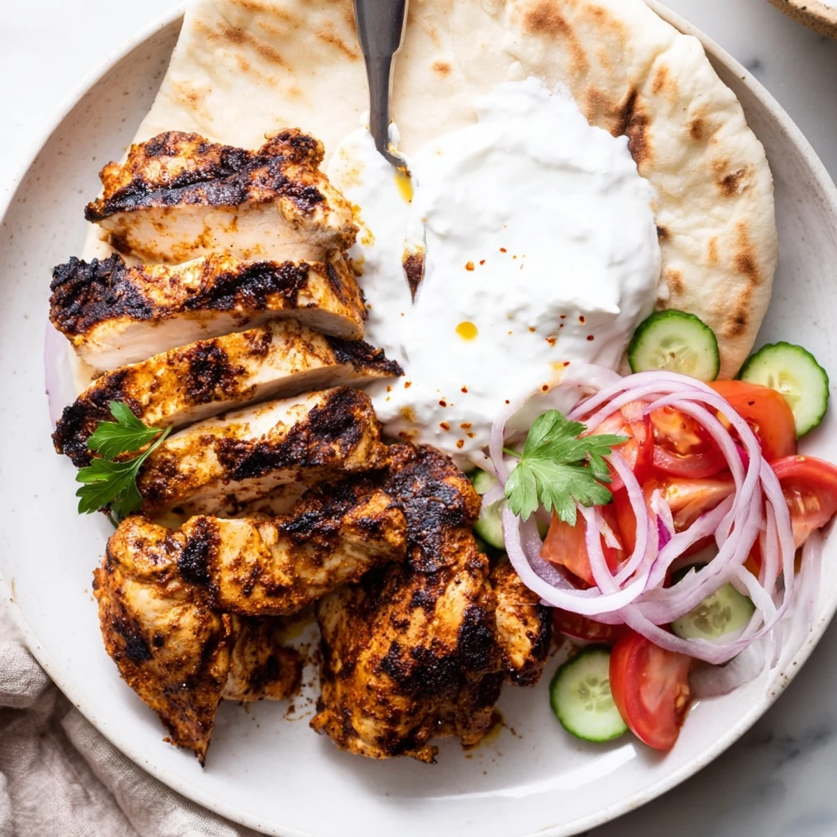 Shawarma Chicken With Garlic Sauce piled in warm pita, charred edges visible