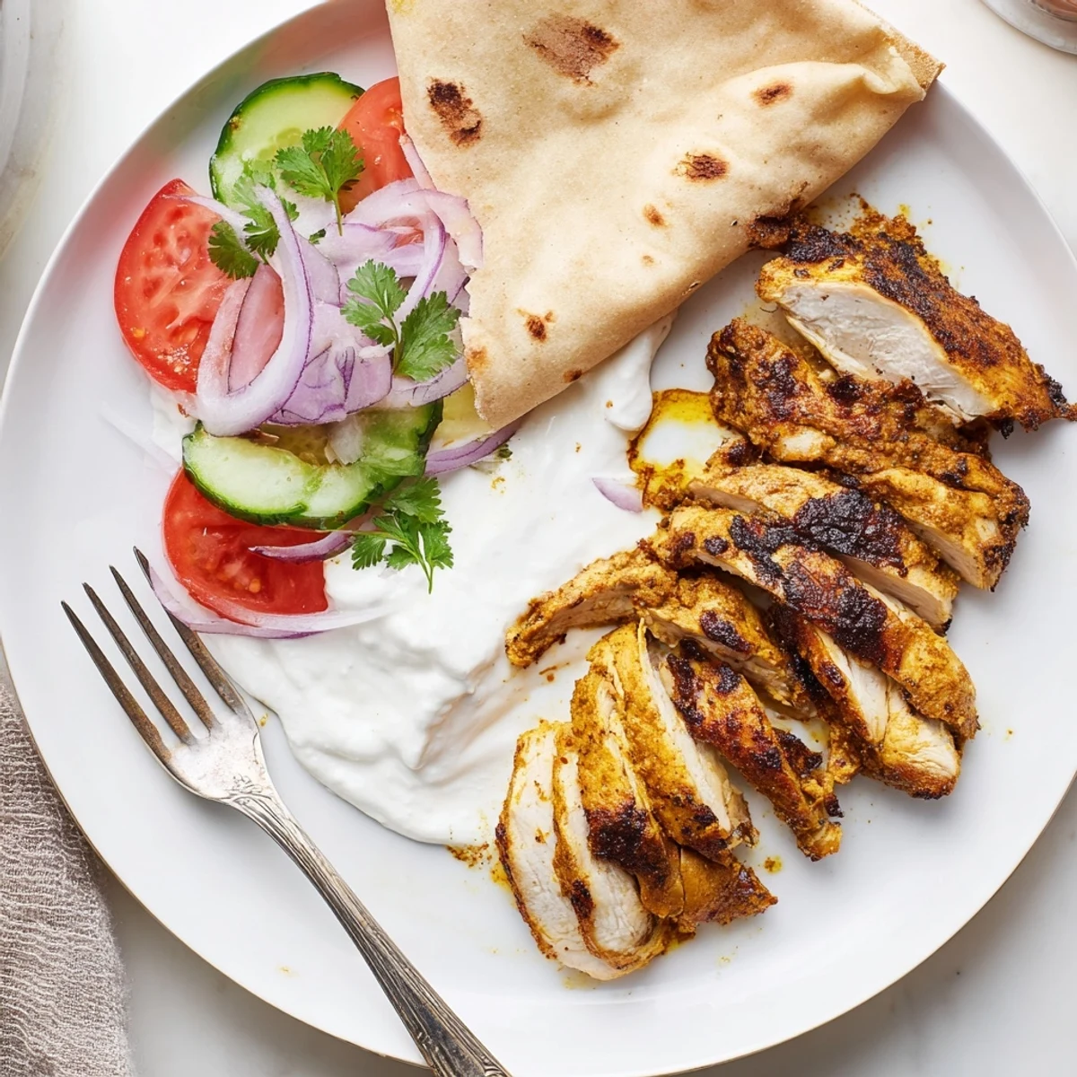 Sliced Shawarma Chicken With Garlic Sauce drizzled over rice, aromatic spices