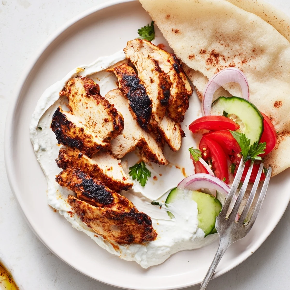 Grilled Shawarma Chicken With Garlic Sauce served with crisp cucumber and parsley