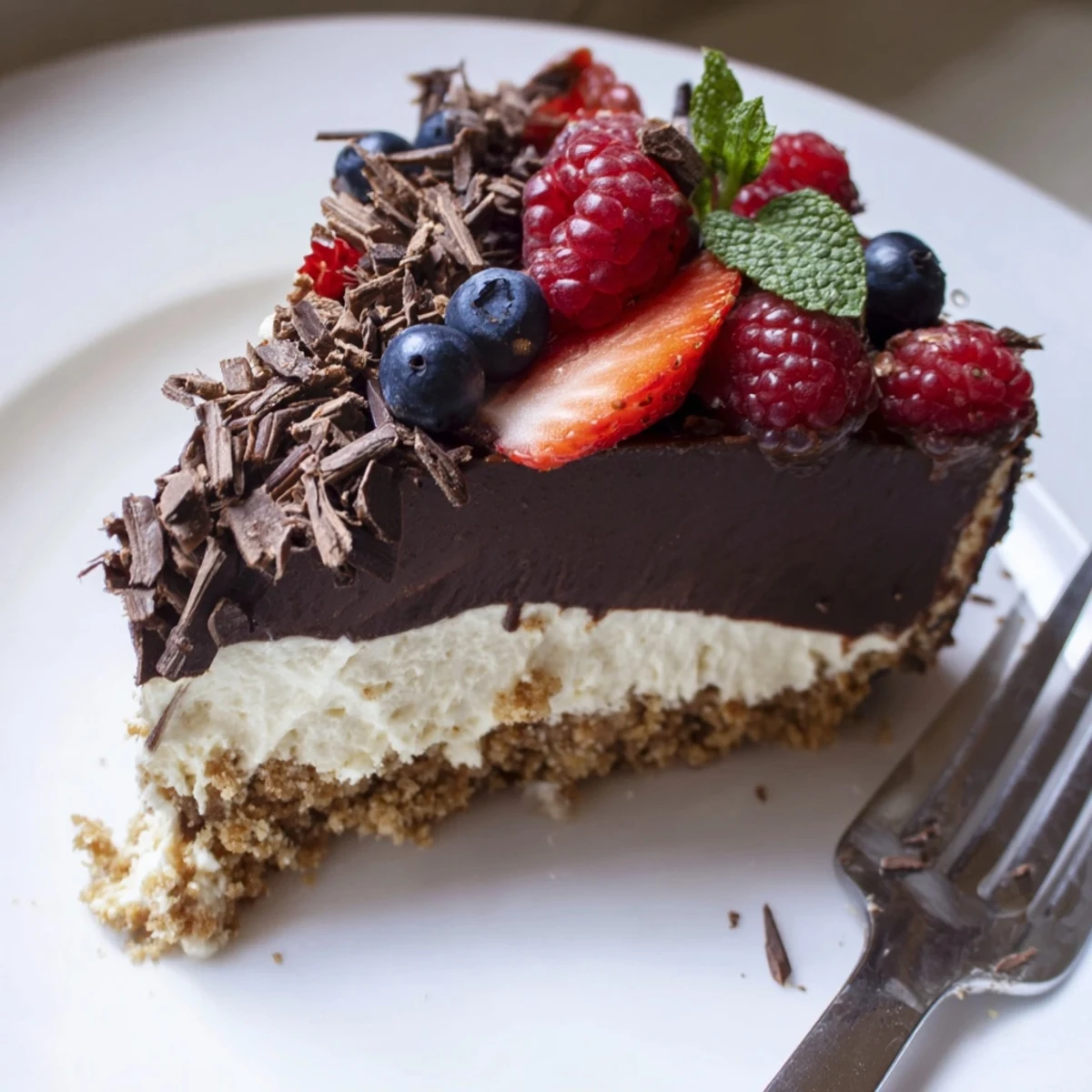 A sliced The Ultimate Dessert Recipe on a plate, chocolate shavings and mint