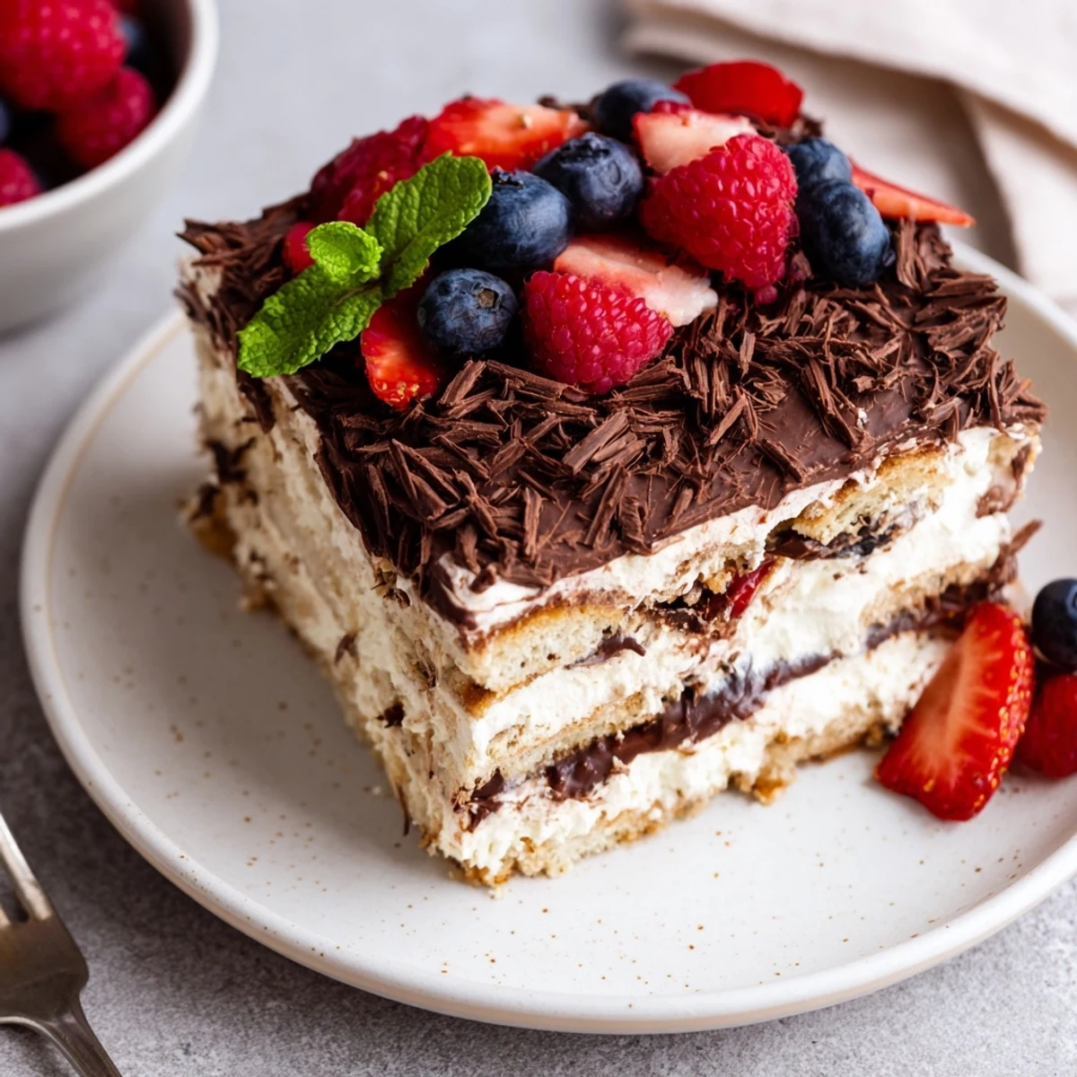 Bright berries glisten atop The Ultimate Dessert Recipe, chilled and ready to serve.