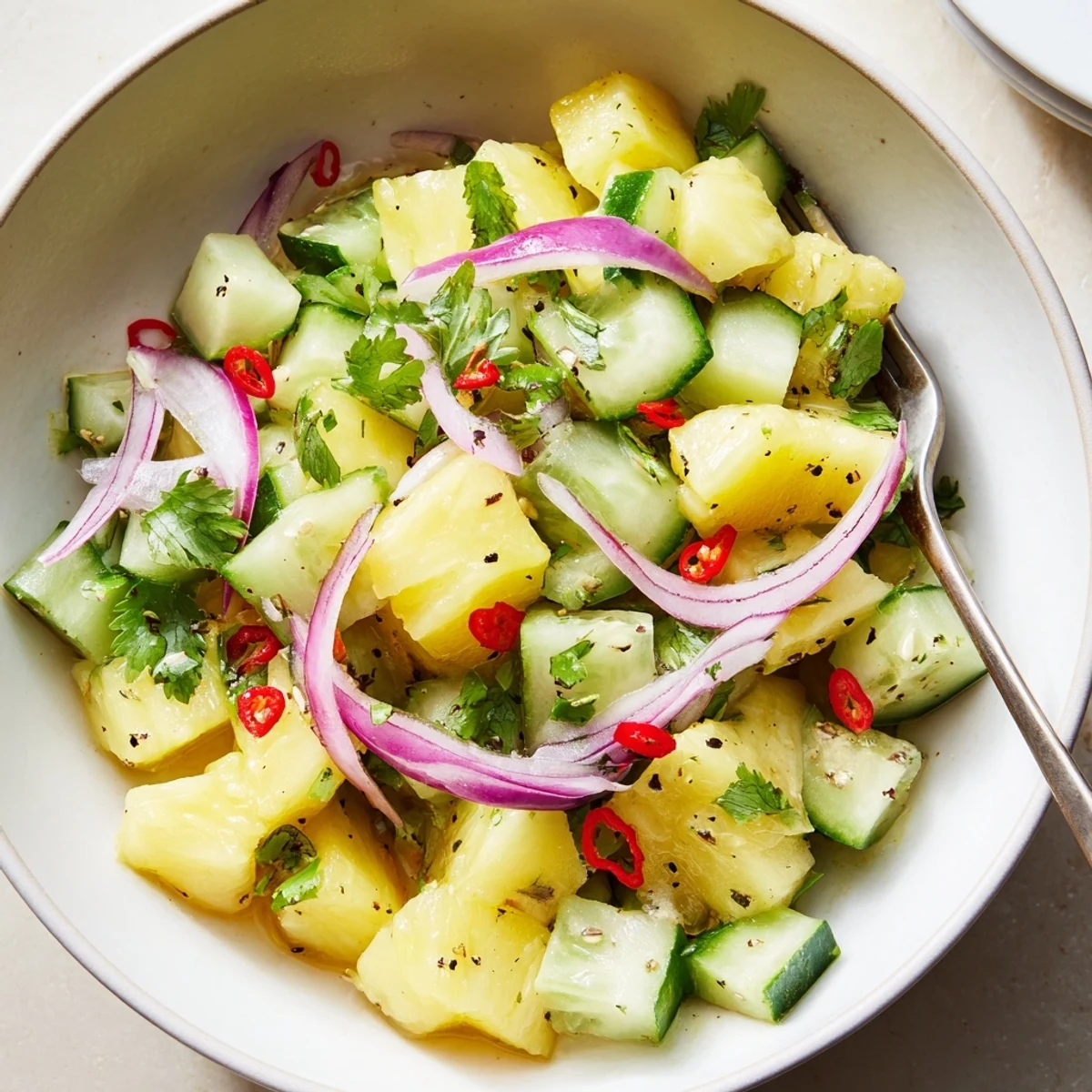 Pineapple Cucumber Salad with zesty lime, crisp cucumber, and cilantro garnish.