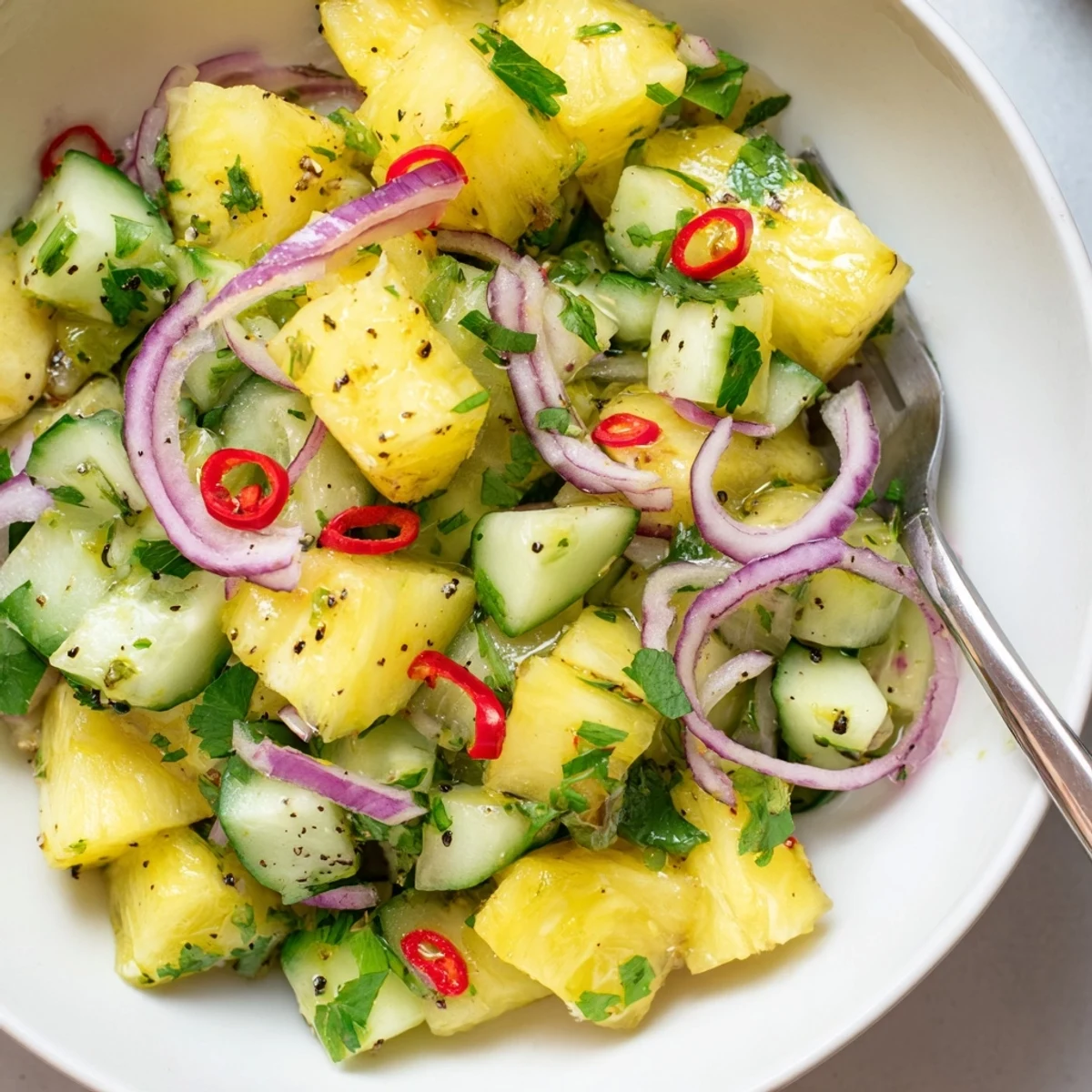 Perfect side for tacos, Pineapple Cucumber Salad bursting with sweet citrus.
