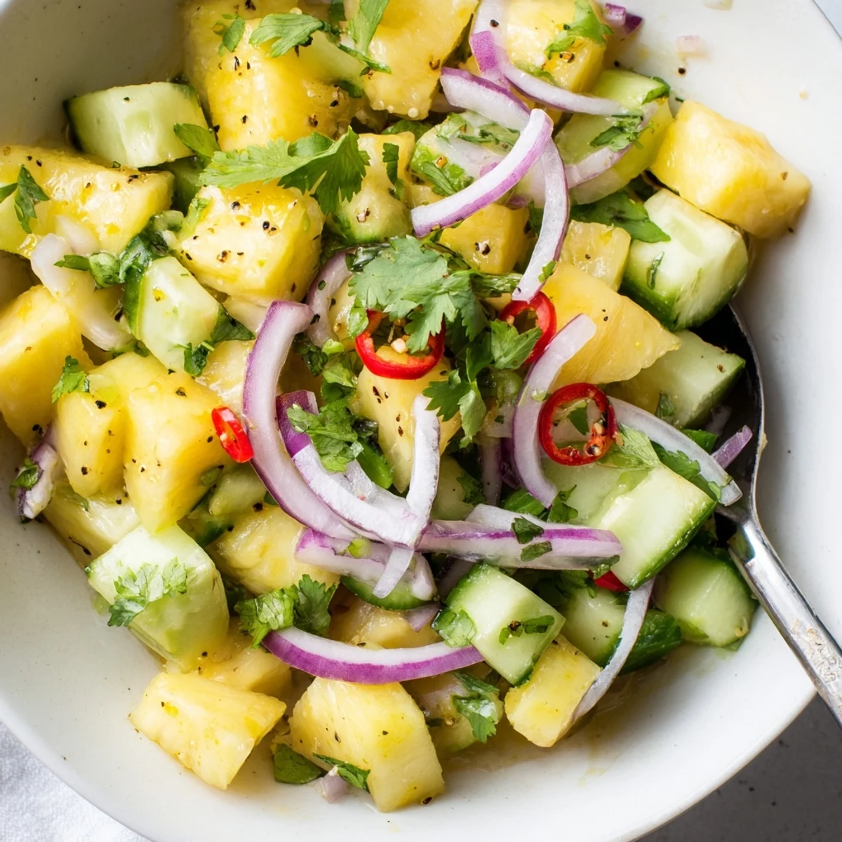 Chilled Pineapple Cucumber Salad tossed in honey-lime dressing, bright and refreshing.