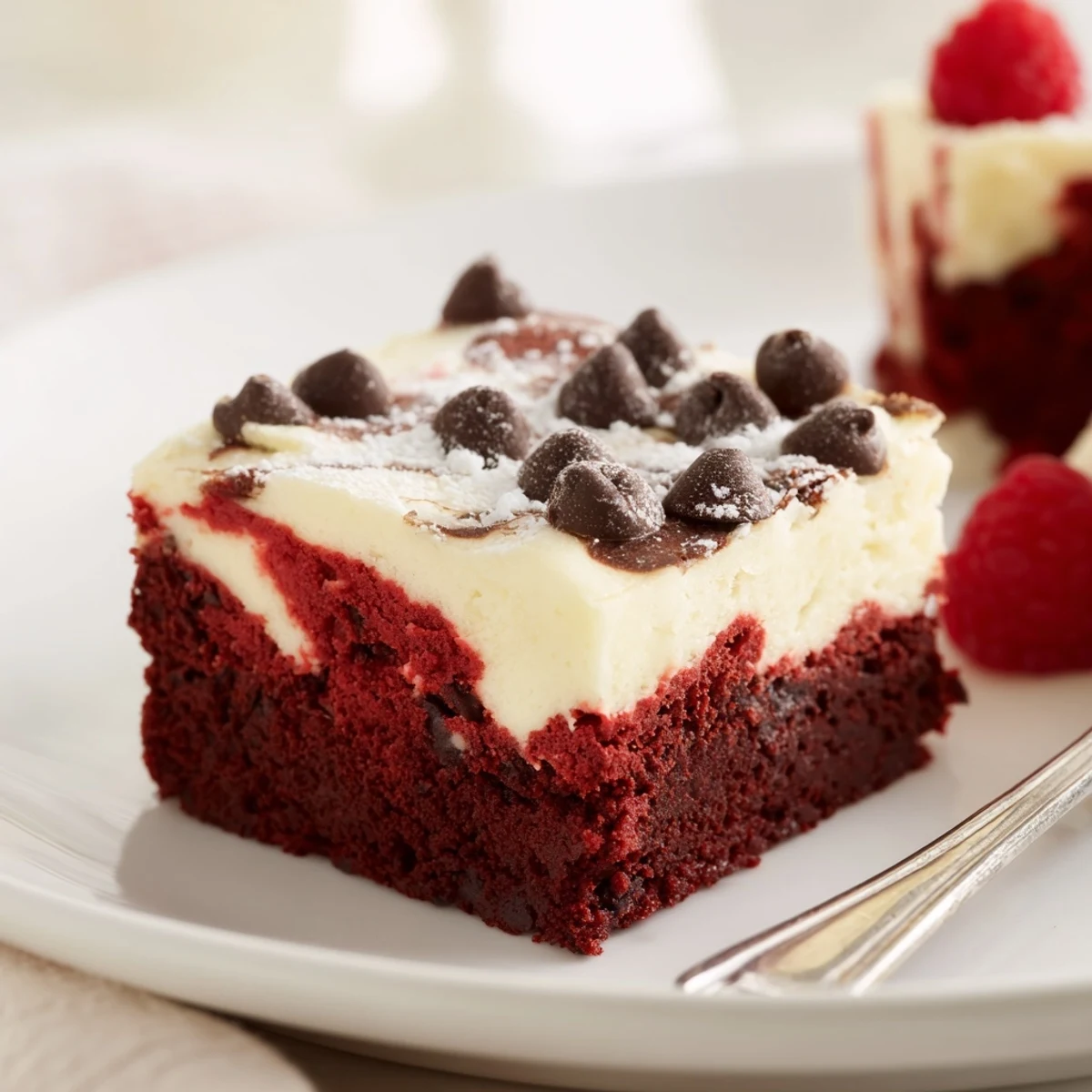 Close-up of Red Velvet Brownies With Cheesecake Layer, fudgy, marbled squares.