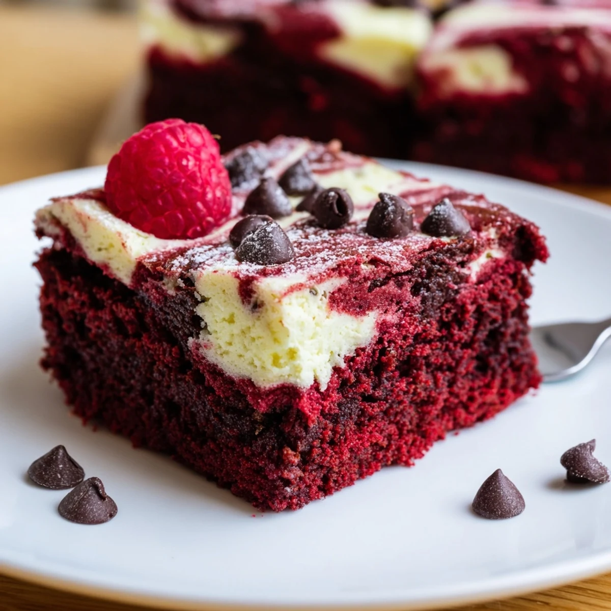A slice of Red Velvet Brownies With Cheesecake Layer served with berries.