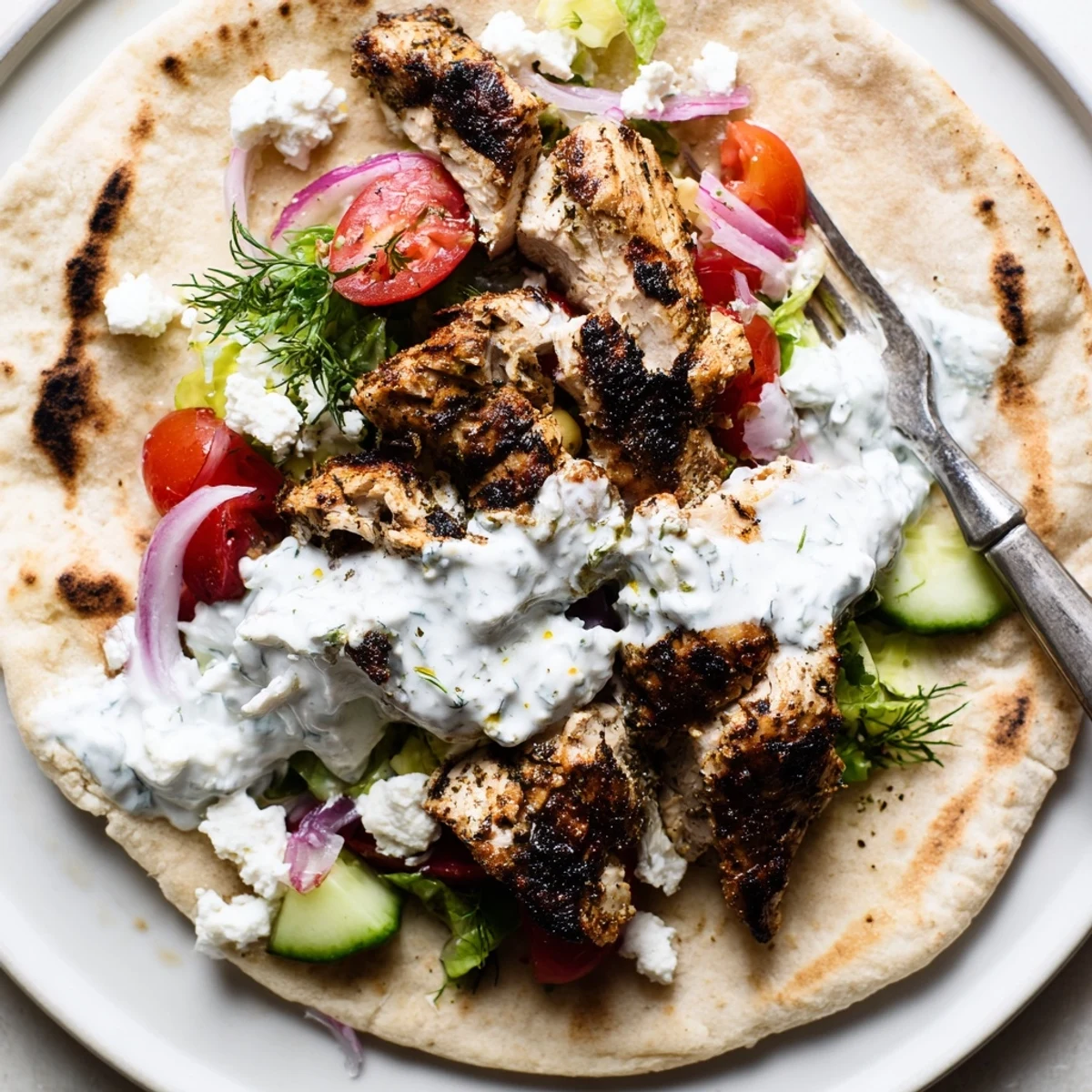 Tender grilled chicken in Mediterranean Chicken Pita Wraps, creamy yogurt, bright tomatoes