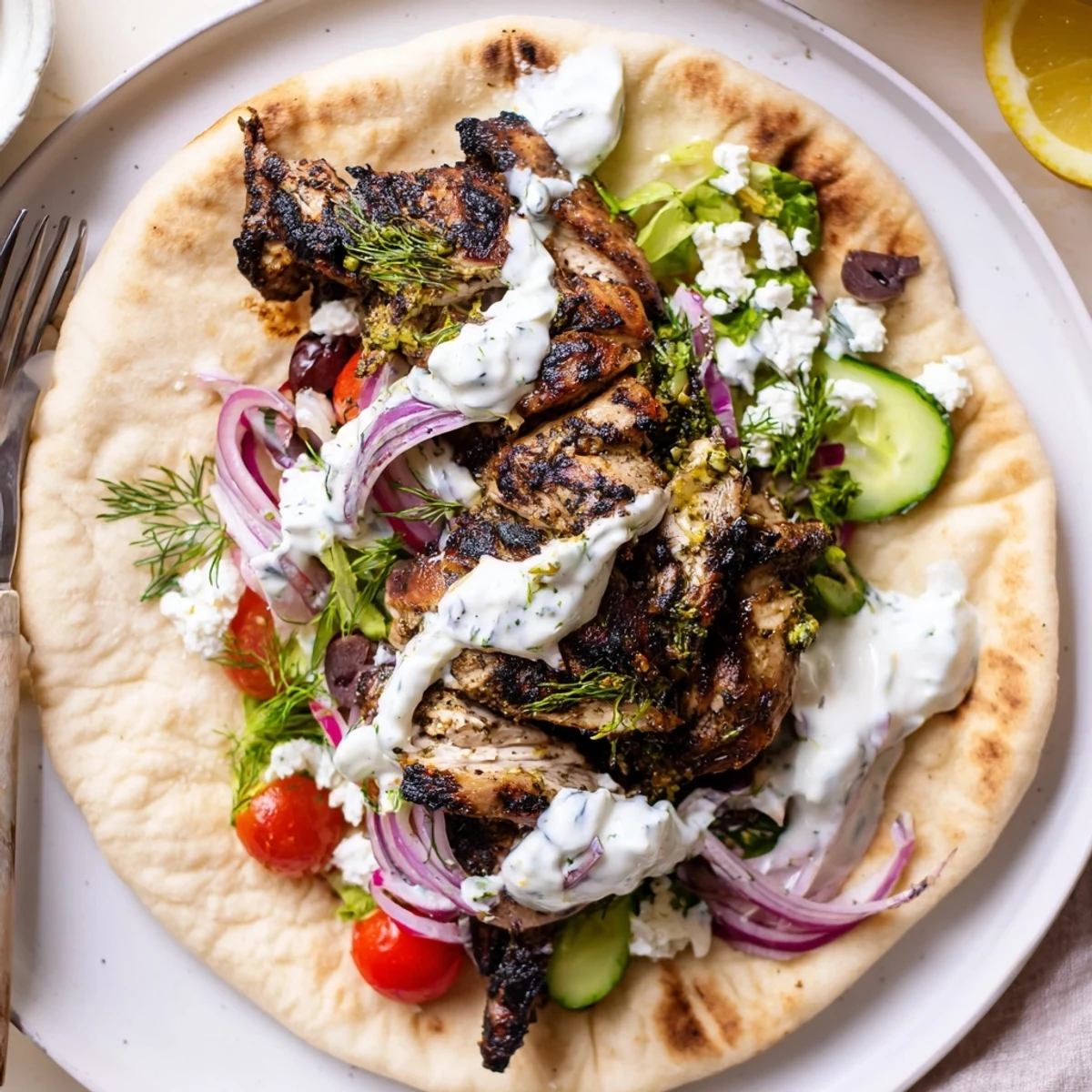 Warm Mediterranean Chicken Pita Wraps folded with crisp cucumber, feta, and charred chicken