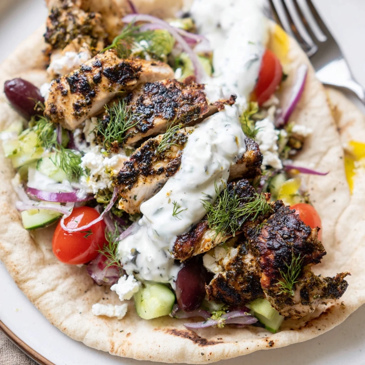 Mediterranean Chicken Pita Wraps served immediately with tangy yogurt sauce and lemon