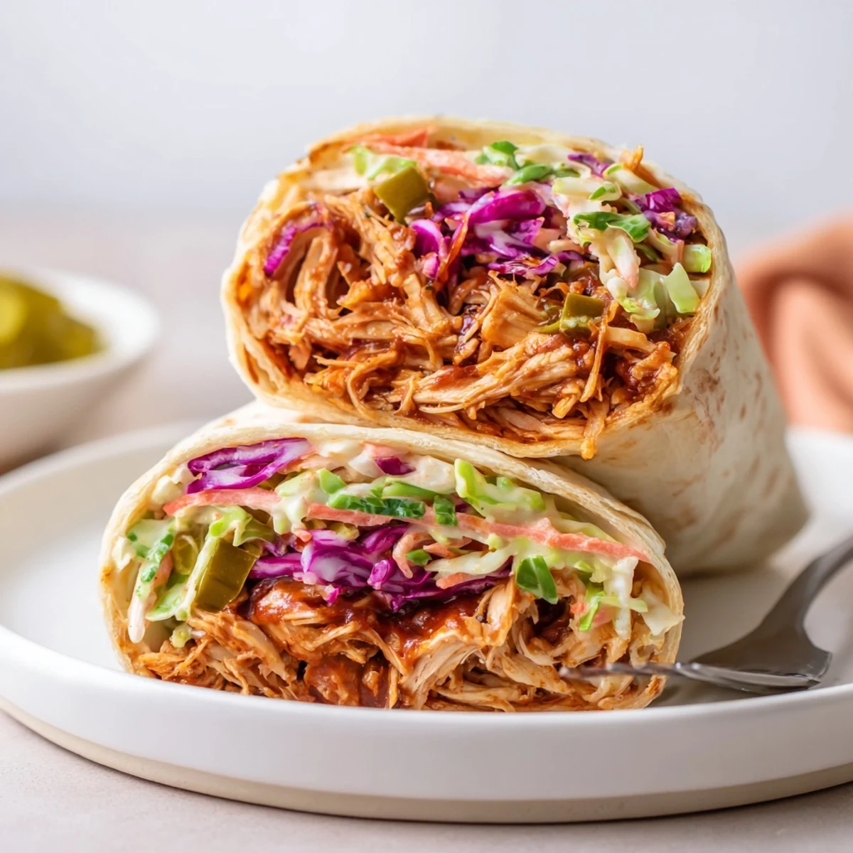 Bbq Chicken Coleslaw Wraps with smoky chicken and crisp tangy slaw, halved