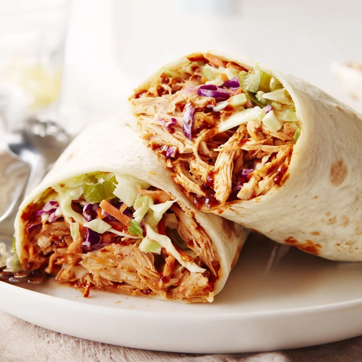 Stack of Bbq Chicken Coleslaw Wraps drizzled extra sauce, warm tortilla