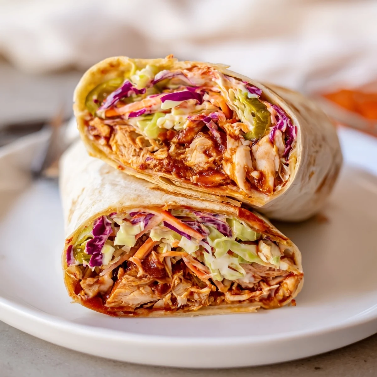 Close-up of grilled Bbq Chicken Coleslaw Wraps showing creamy slaw, juicy chicken