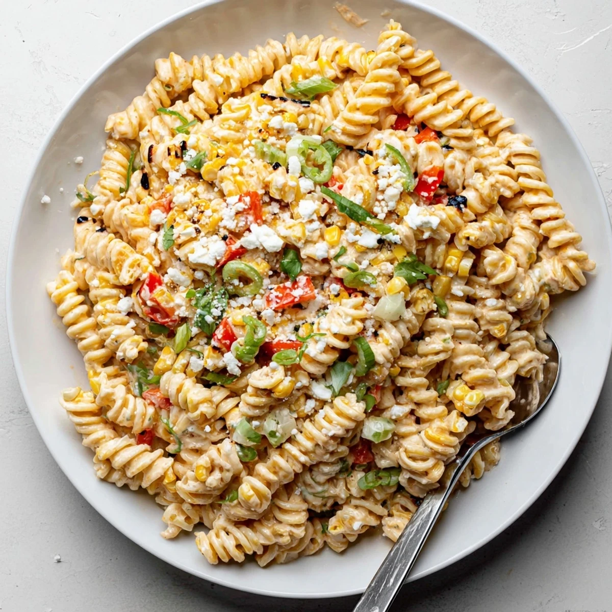 Creamy Street Corn Pasta Salad with charred corn, cotija, and zesty lime.