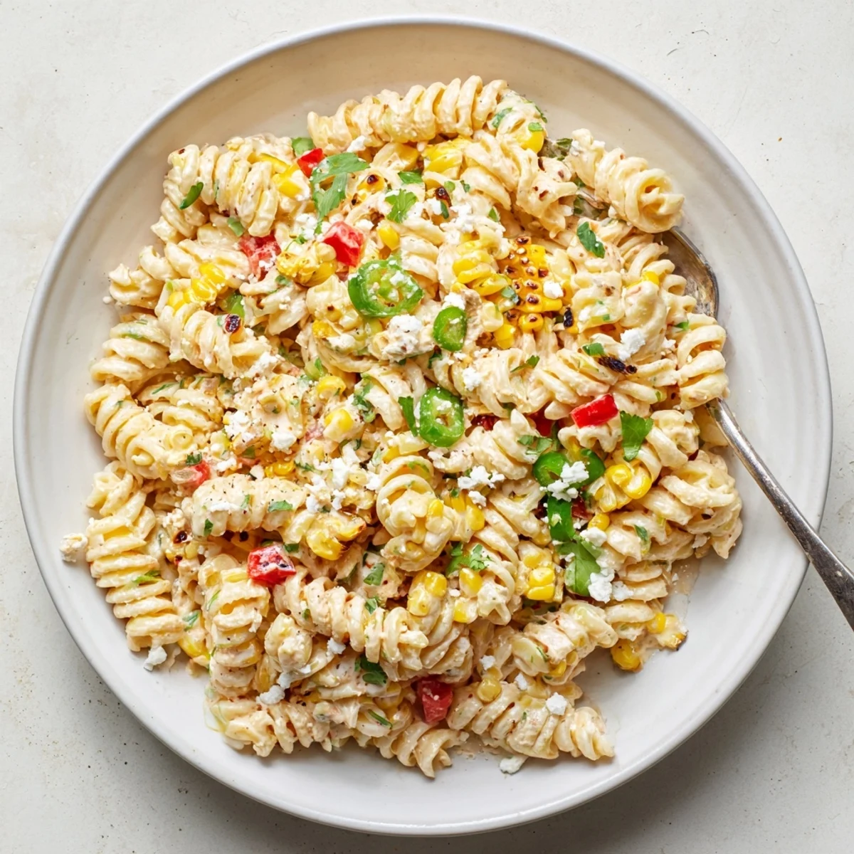 Chilled Street Corn Pasta Salad tossed in spicy chili-mayo, tender pasta bites.