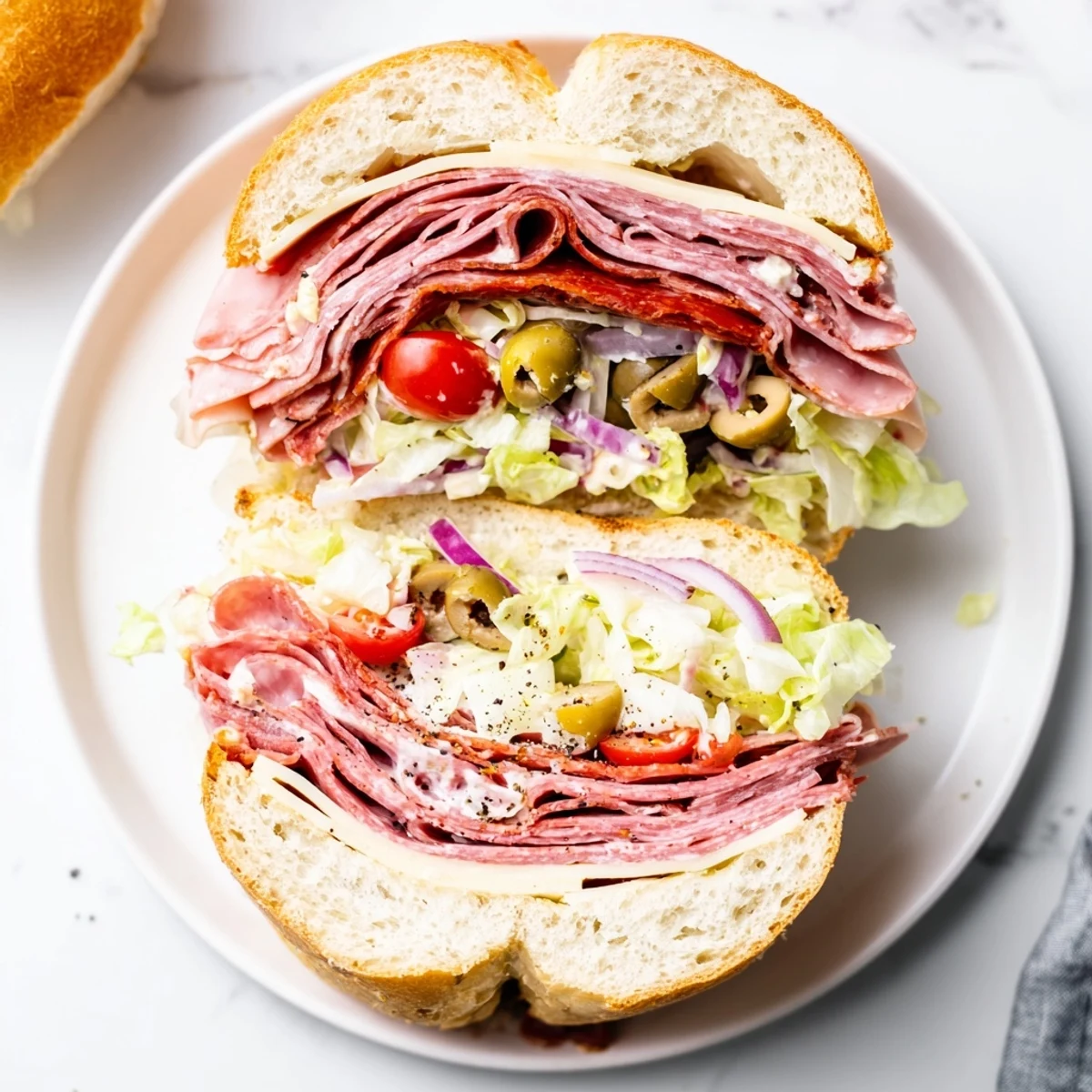 Italian Grinder Salad Sandwich piled high with crunchy lettuce, tangy dressing