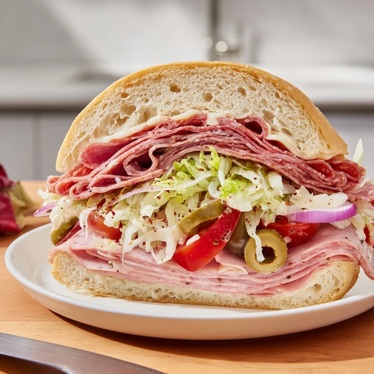 Toasted Italian Grinder Salad Sandwich layered with savory meats and provolone