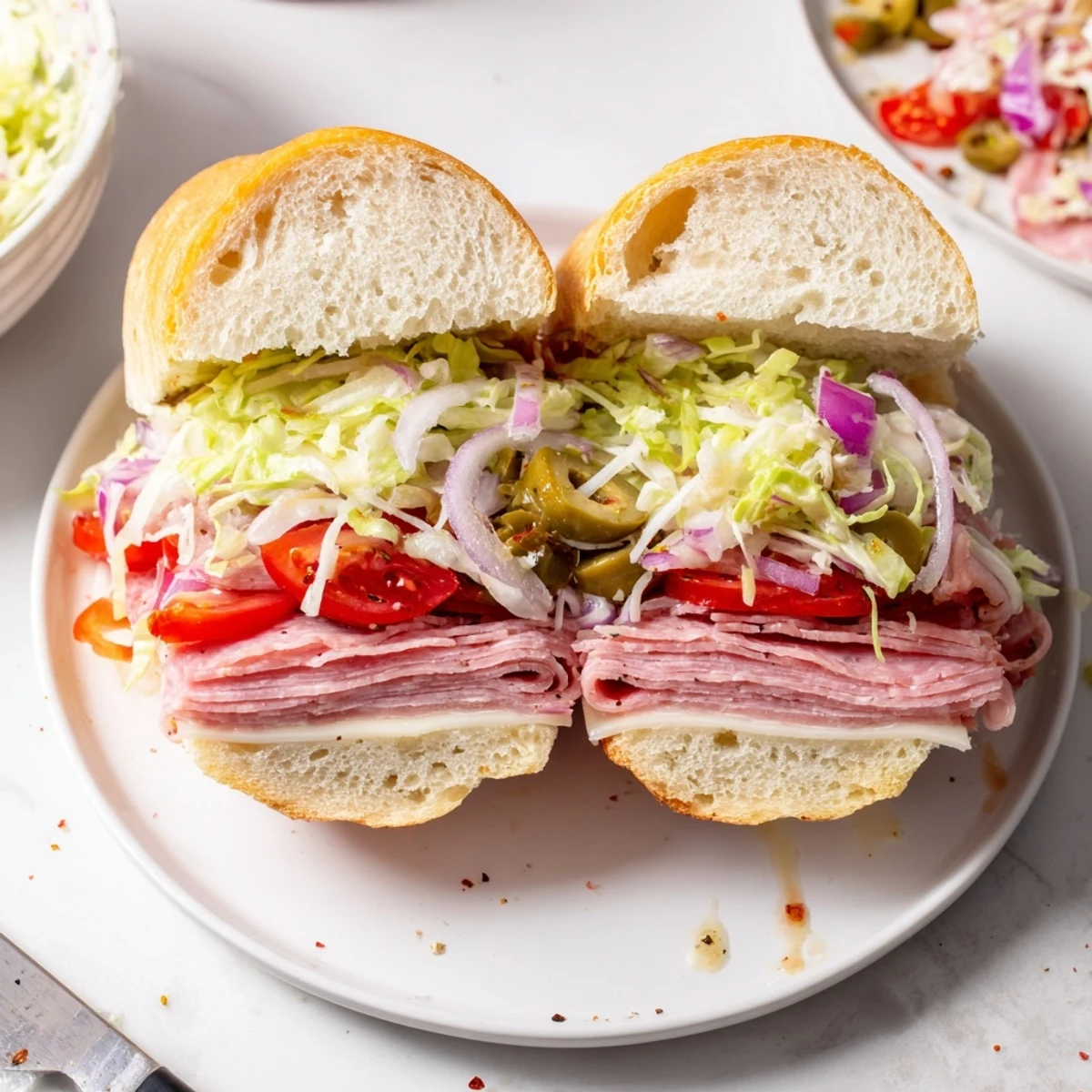 A hearty Italian Grinder Salad Sandwich served with crisp lager, sliced diagonally