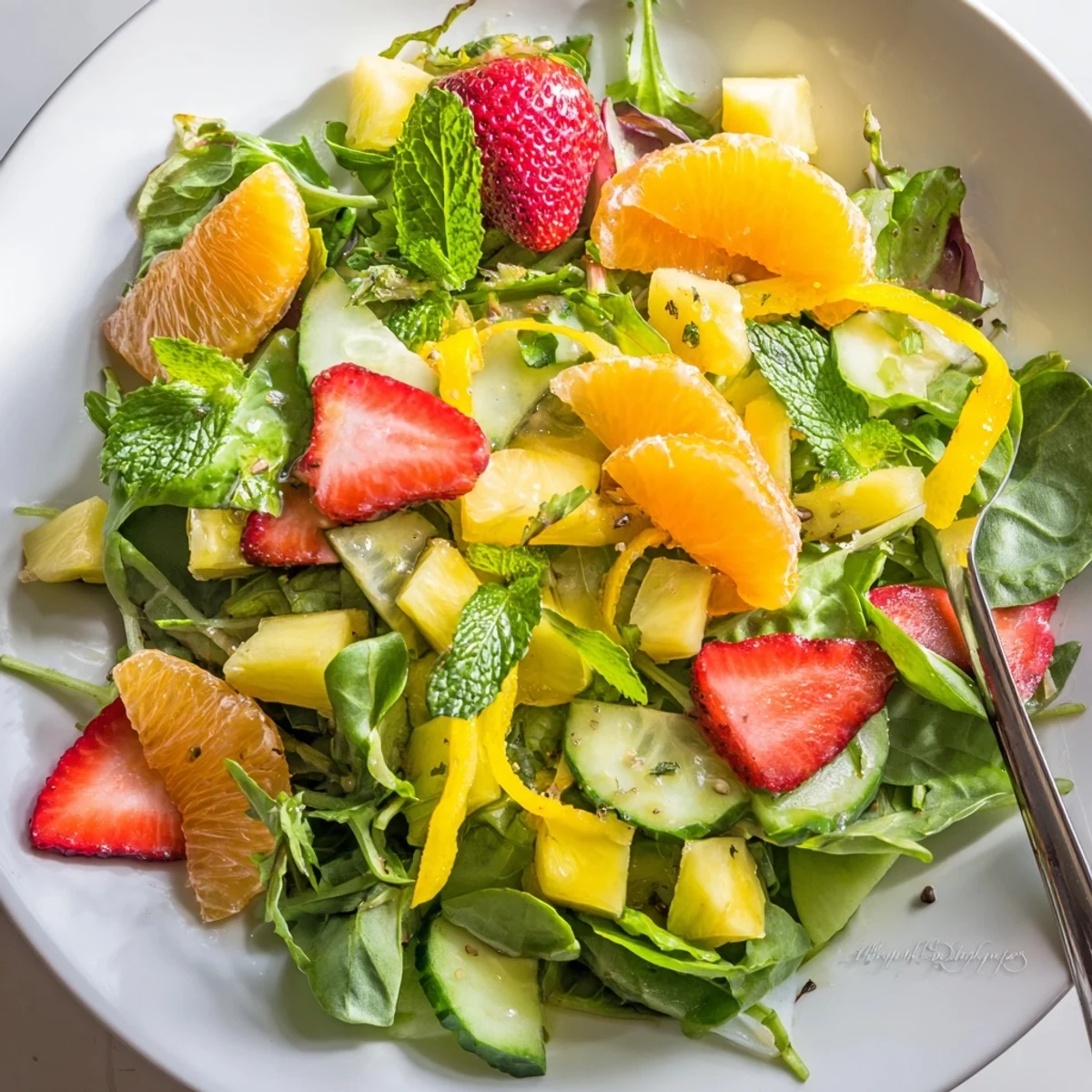 Sunshine Salad piled with citrus, strawberries, and crisp cucumber drizzled with honey lime