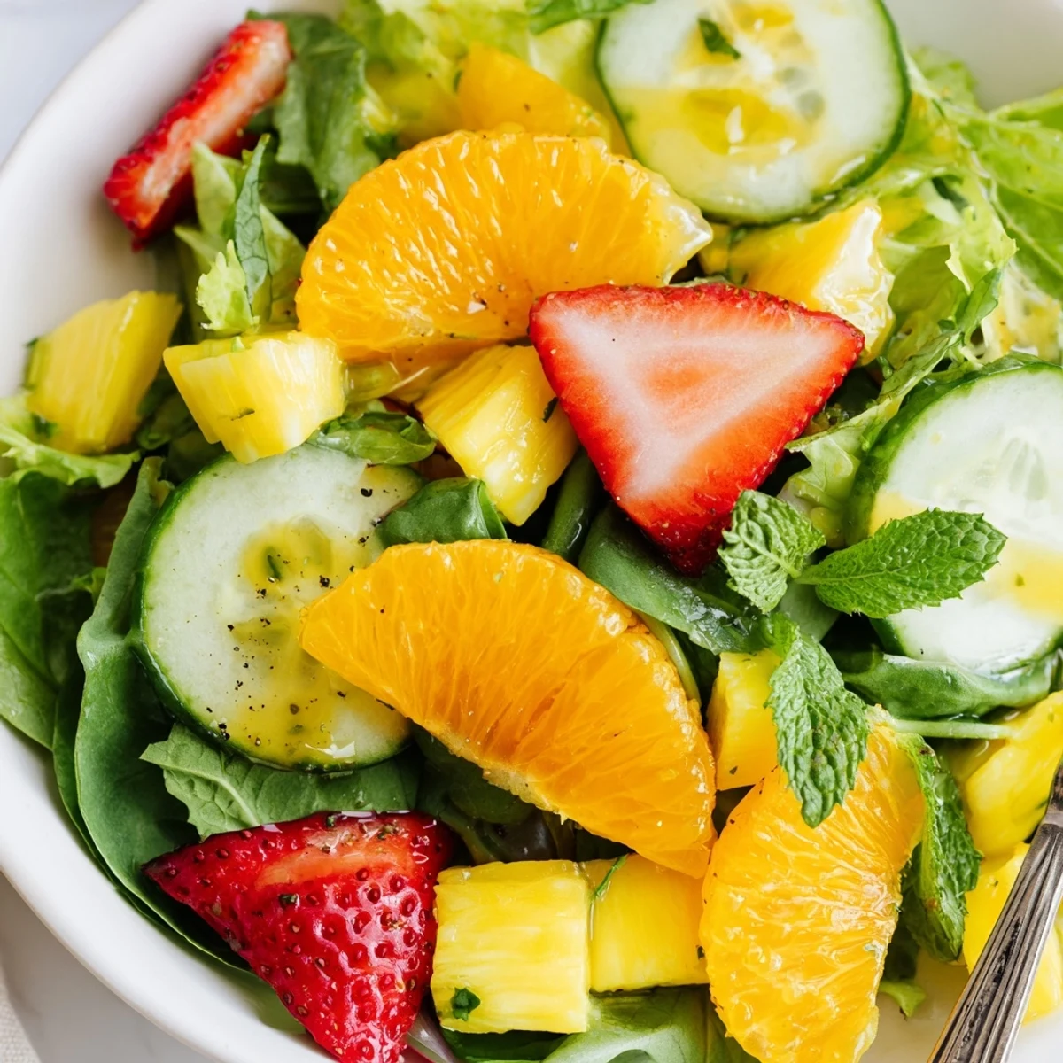 Chilled Sunshine Salad served immediately, tender greens with zingy lime dressing and refreshing crunch