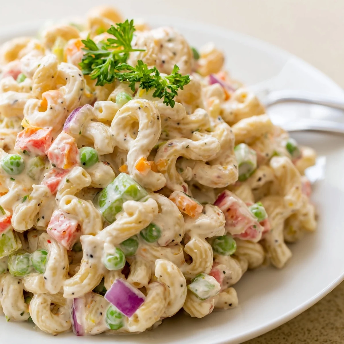 Creamy Macaroni Salad with crisp vegetables, tangy dressing, served chilled in a bowl