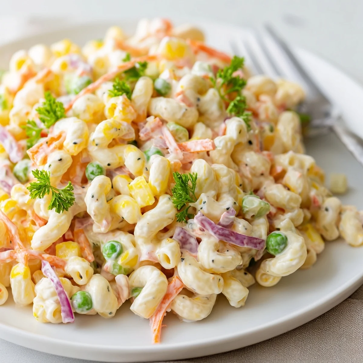 Tender elbow macaroni tossed in silky Macaroni Salad, bright parsley garnish