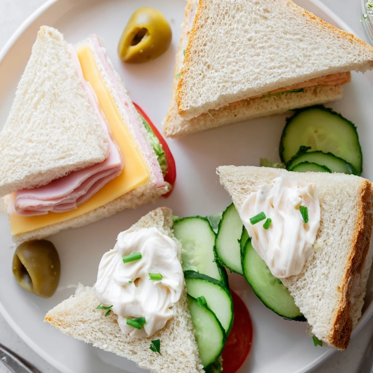 Trio of colorful Mini Sandwiches with sliced tomato, cheddar, and fresh herbs