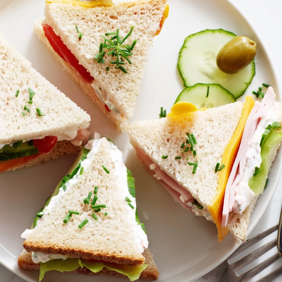 Party-ready Mini Sandwiches, quartered on soft bread, garnished with pickles