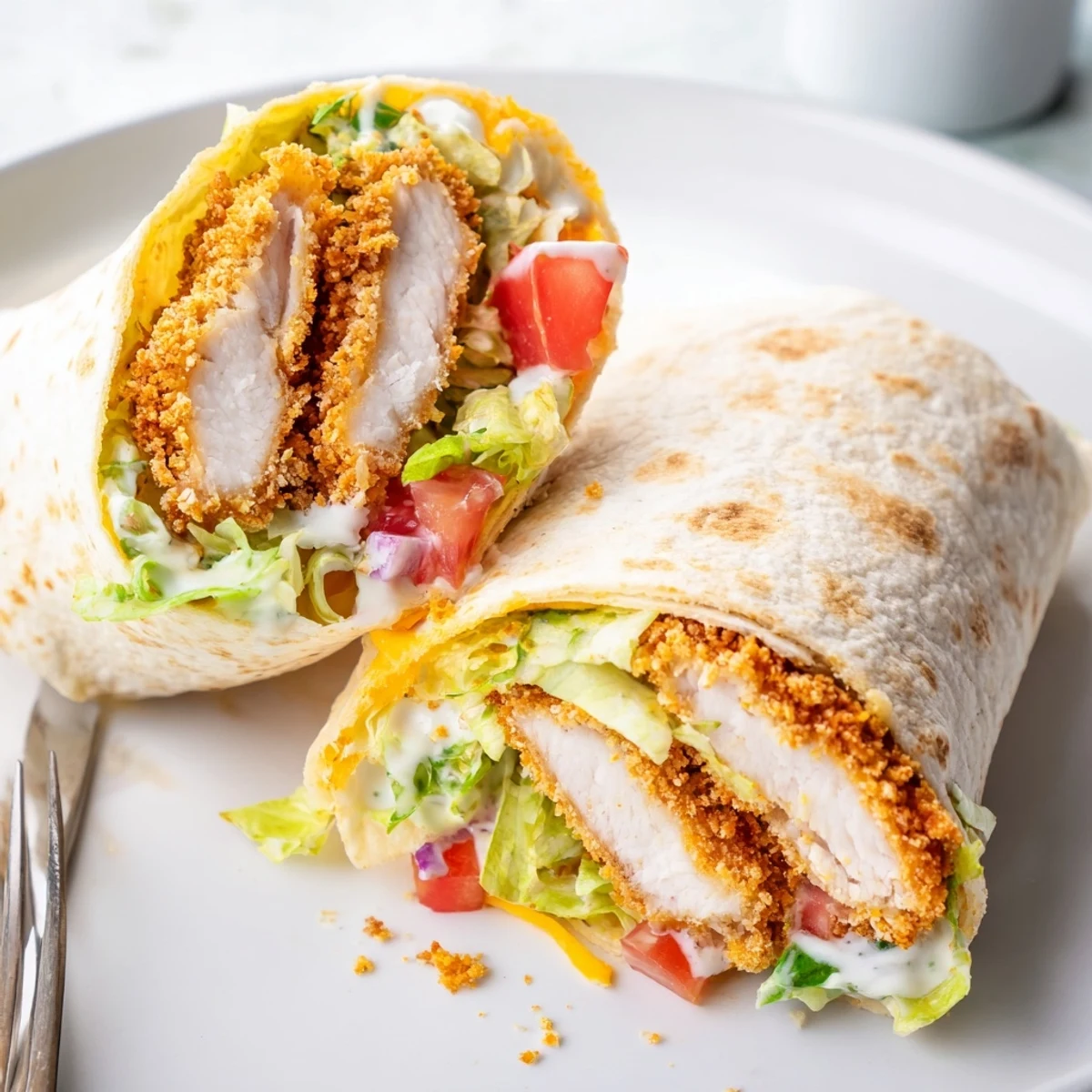 Crispy Chicken Ranch Wrap halves show golden chicken, crunchy lettuce, creamy ranch drizzle