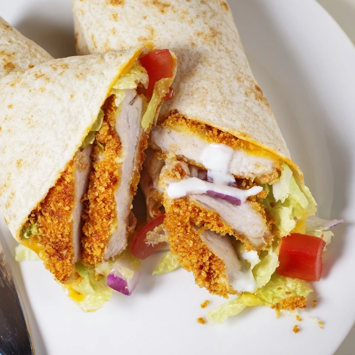Warm Crispy Chicken Ranch Wrap sliced on plate with cheddar melting