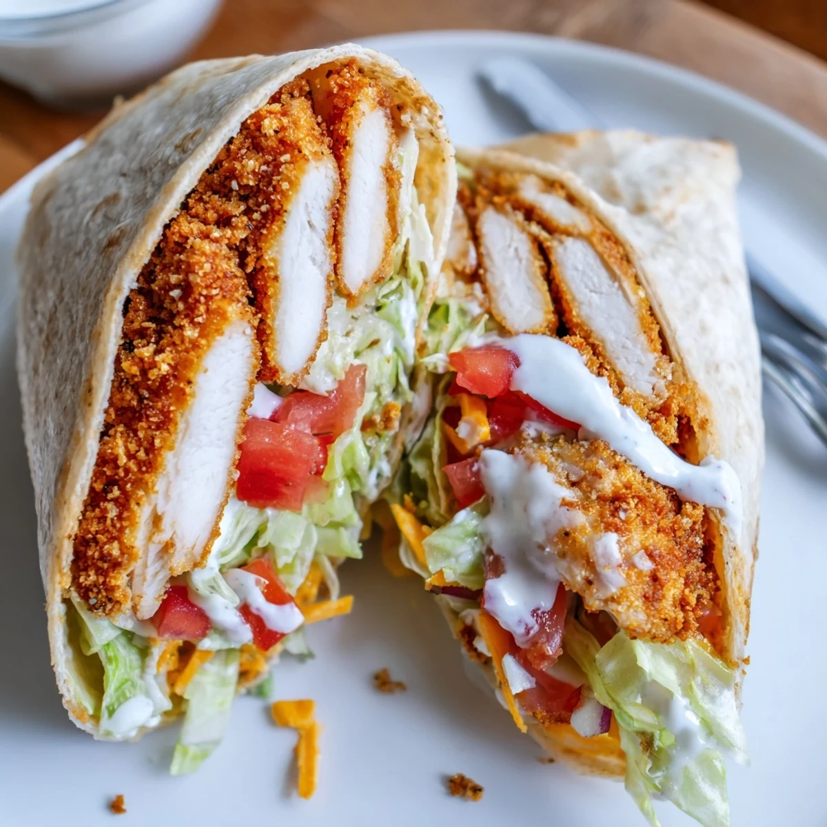 Handheld Crispy Chicken Ranch Wrap wrapped tight, tangy ranch and tomato peek