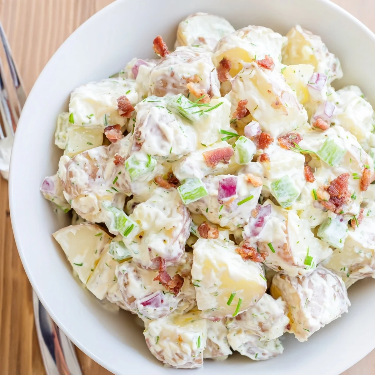 Warm Steakhouse Potato Salad tossed with tangy pickles and fresh chives