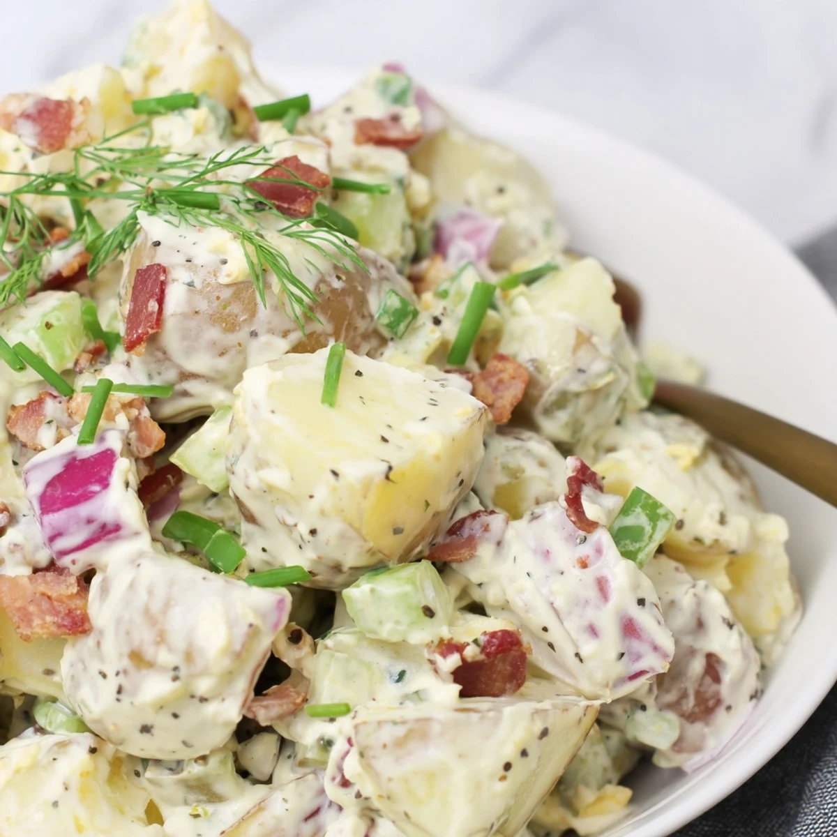 Steakhouse Potato Salad with creamy dressing and crisp bacon, served alongside steak