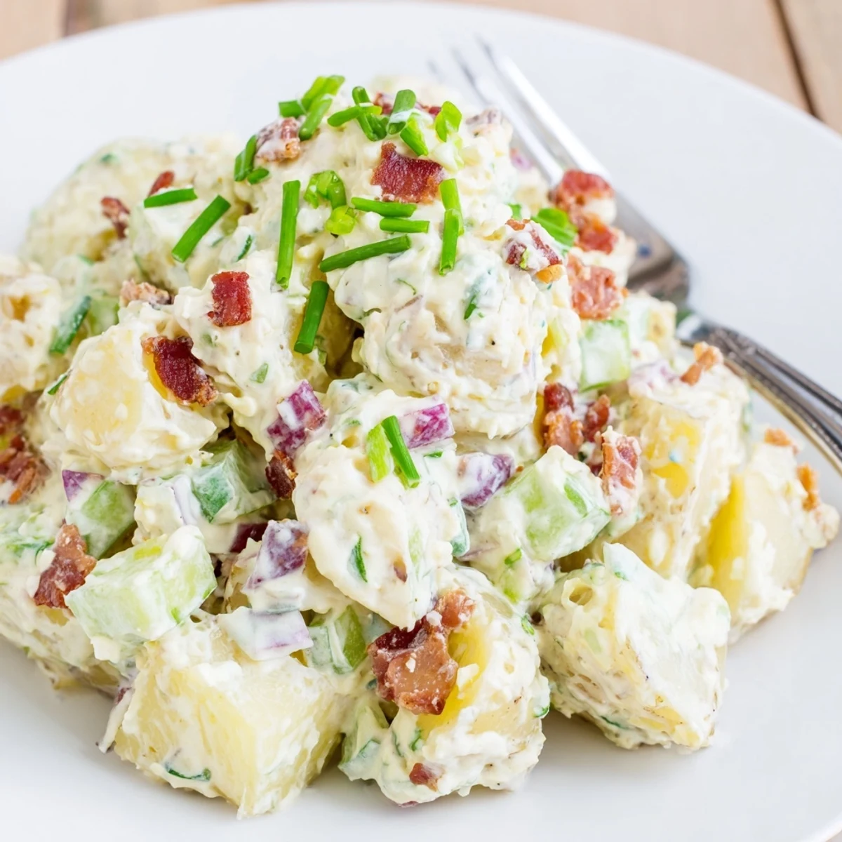 Chilled Steakhouse Potato Salad studded with chopped eggs, celery, ideal for barbecue