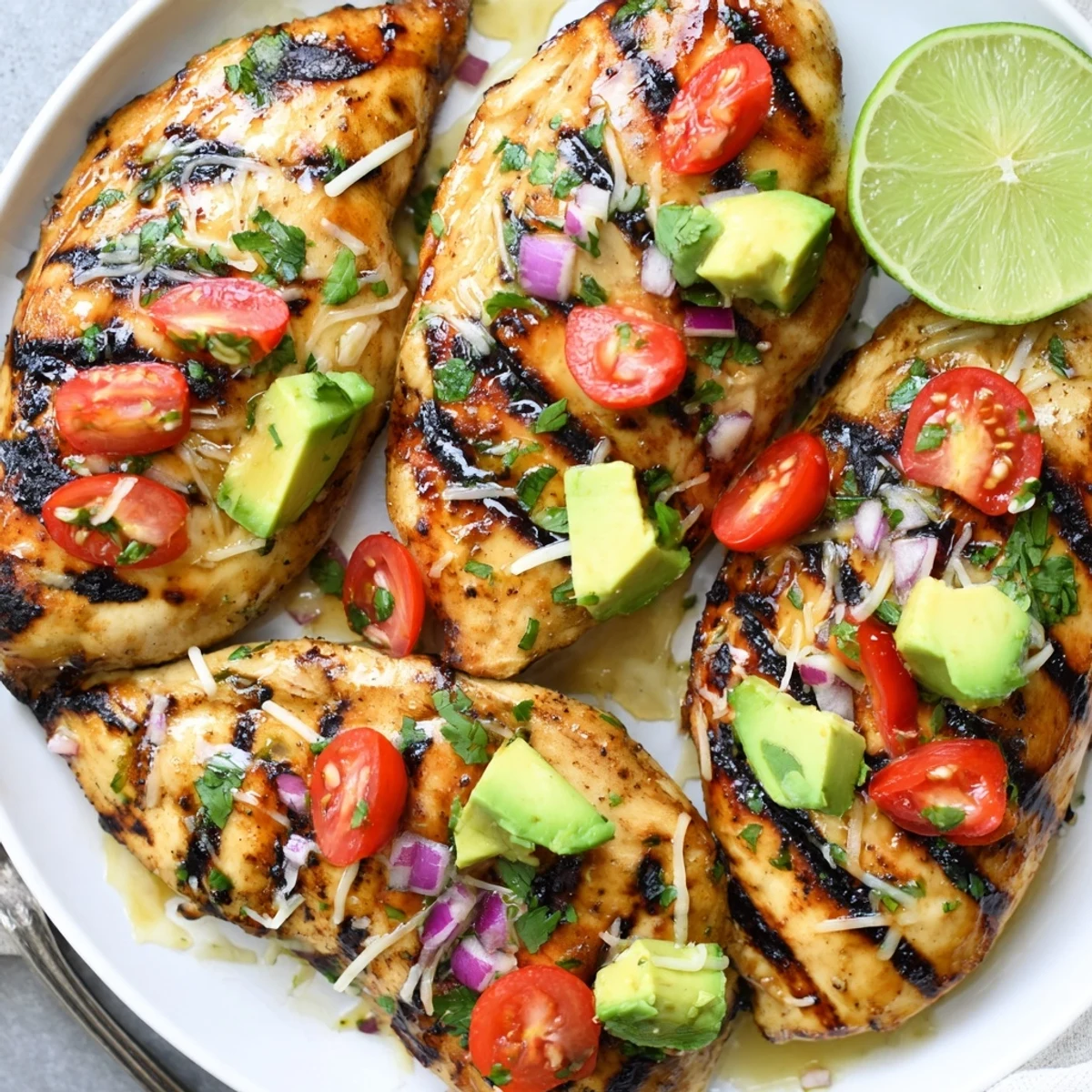 Grilled Fiesta Lime Chicken With Avocado garnished with fresh tomato-cilantro salsa.