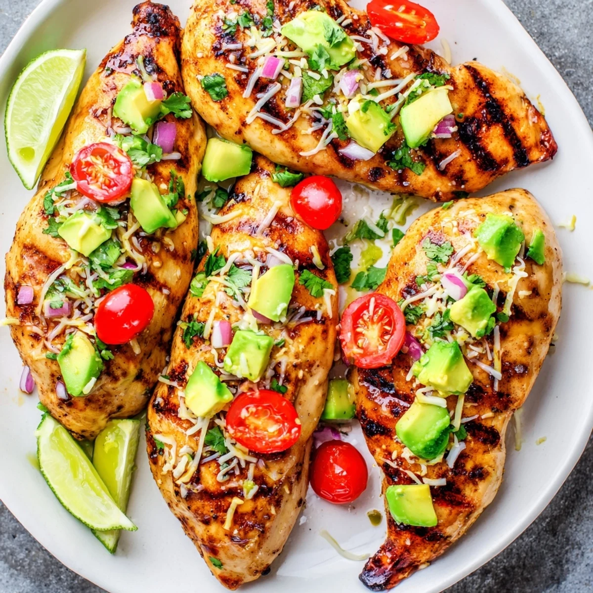 Pan-seared Fiesta Lime Chicken With Avocado resting beside lime wedges, cilantro.