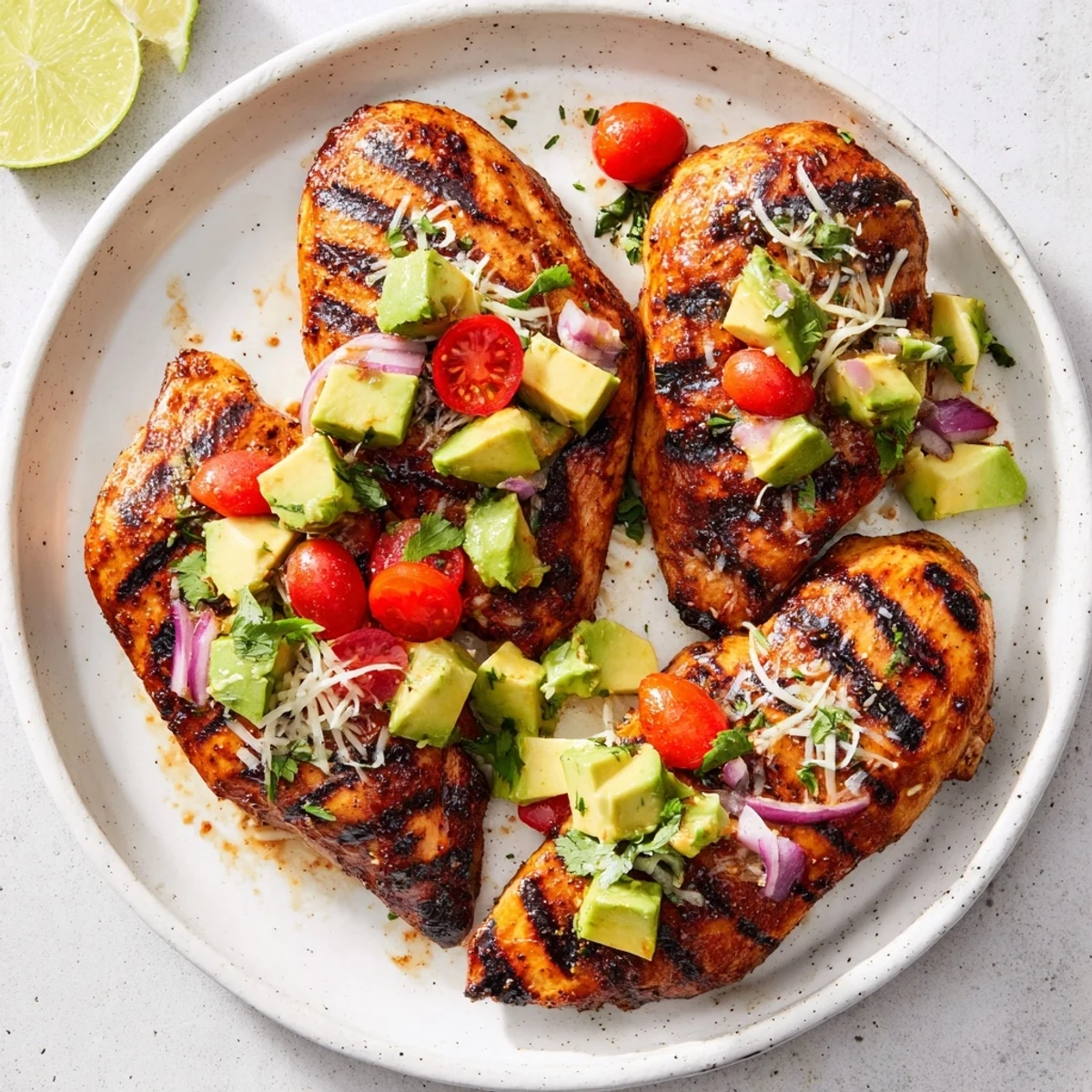 Fiesta Lime Chicken With Avocado glistening from honey-lime glaze, served with rice.