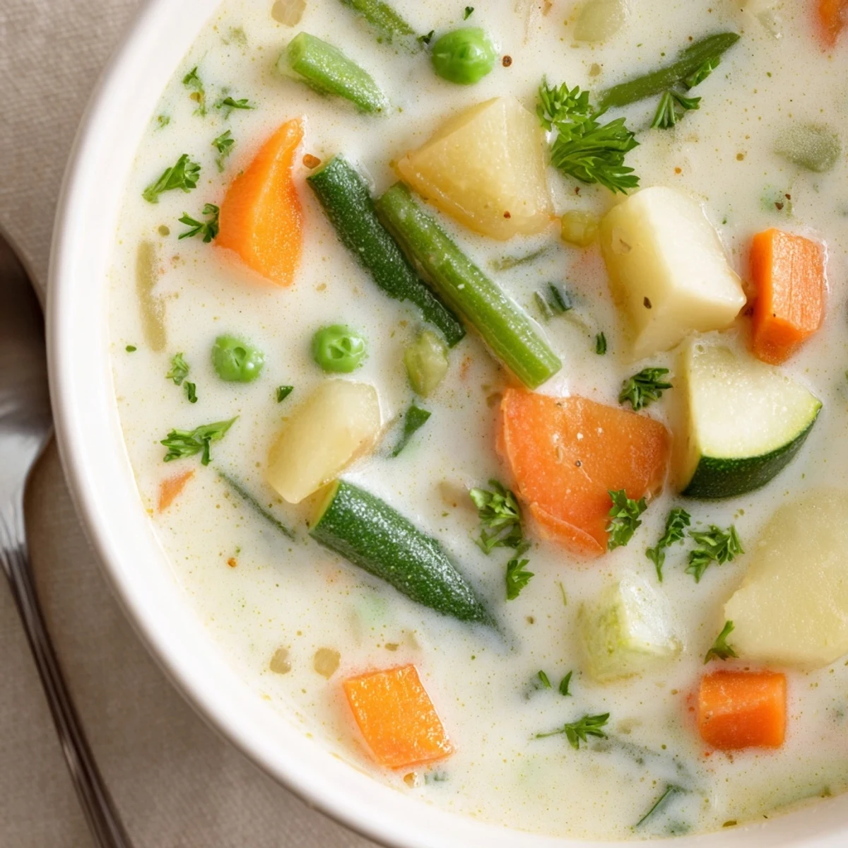 A steaming bowl of Creamy Vegetable Soup Recipe, velvety with diced veggies