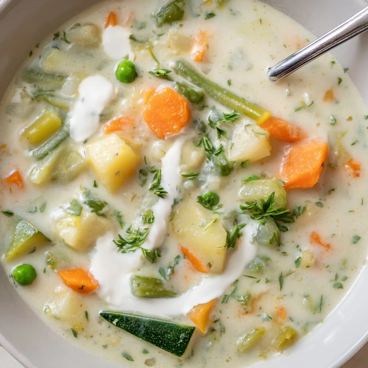 Creamy Vegetable Soup Recipe served hot in bowls with crusty bread and parsley