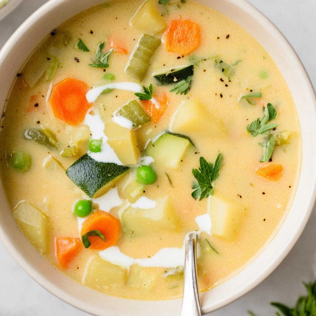 Warm spoonful of Creamy Vegetable Soup Recipe, creamy mouthfeel and fresh parsley